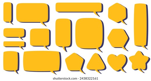 Text talk balloons. Speech bubbles clouds for dialog. Comic cloud box for message with shadow. Frame shape set for comment isolated on white background. Vector stickers.