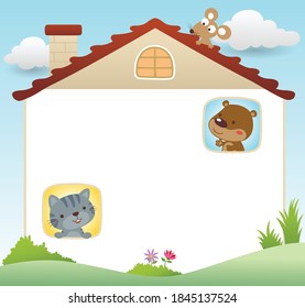 A text template banner in white house shape. Bear and cat at the windows, mouse in roof top