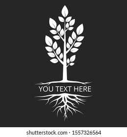 Text template design with silhouette of tree with roots, branches and leaves. Vector isolated Illustration.