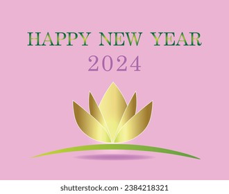 Text Template Happy New Year 2024 with golden lotus flower on pink background