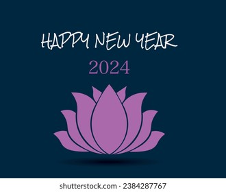Text Template Happy New Year 2024 with pink lotus flower on dark background