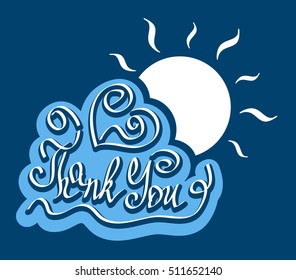 Text Thank You on cloud with bright sun positive mood vector illustration
