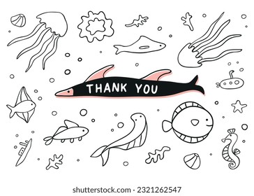 Text Thank You on fish flat concept vector illustration. Saltwater flora and fauna protection cartoon design on turquoise background