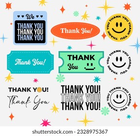 Text of Thank You set cool trendy retro stikers vector design. Thanksgiving abstract background editable