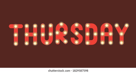 Jueves de texto con luces de lámpara para tarjeta, pegatina para un diario de bala, organizador, planificador, diario. Ilustración de la población vectorial aislada tipográfica con nombre de día de semana con luces,