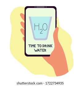 Text time to drink water, mobile app. Healthy and sport lifestyle . The recommended dose of water every day. Flat vector illustration.