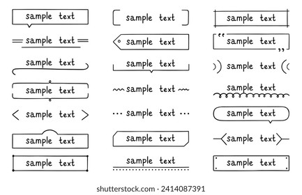 Text title frame doodle set. Simple line tag,
 text box, banner, ribbon, design element
 in sketch style. Hand drawn vector illustration isolated on white background
