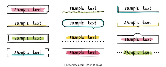 Text title frame doodle set. Simple line tag, text box, banner, ribbon, design element in sketch style. Hand drawn vector illustration isolated on white background