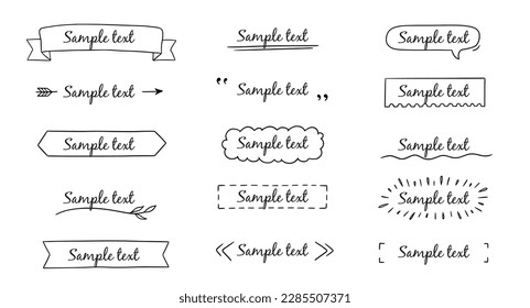 Cinta de escritura a mano de marco de título de texto, cuadrado, elemento de decoración de círculo. Doodle lindo marco de título cuadro de texto simple, etiqueta, etiqueta. Decoración de boceto dibujado a mano. Ilustración vectorial.