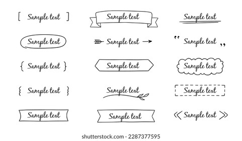 Cinta de escritura a mano de marco de título de texto, cuadrado, elemento de decoración de círculo. Doodle lindo marco de título cuadro de texto simple, etiqueta, etiqueta. Decoración de boceto dibujado a mano. Ilustración vectorial.