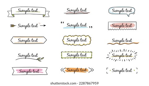 Cinta de escritura a mano de marco de título de texto, cuadrado, elemento de decoración de círculo. Doodle lindo marco de título cuadro de texto simple, etiqueta, etiqueta. Decoración de boceto dibujado a mano. Ilustración vectorial.