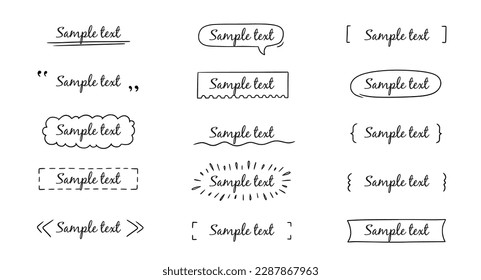 Cinta de escritura a mano de marco de título de texto, cuadrado, elemento de decoración de círculo. Doodle lindo marco de título cuadro de texto simple, etiqueta, etiqueta. Decoración de boceto dibujado a mano. Ilustración vectorial.