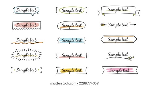 Text title frame handwriting ribbon, square, circle decoration element. Doodle cute title frame simple text box, label, tag. Hand drawn sketch style decoration. Vector illustration.