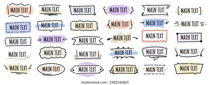 Text title frame handwriting ribbon, square, circle decoration element. Hand drawn sketch style decoration. Doodle cute title frame simple text box, label, tag. Vector illustration