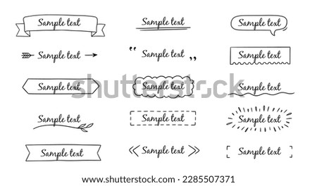 Text title frame handwriting ribbon, square, circle decoration element. Doodle cute title frame simple text box, label, tag. Hand drawn sketch style decoration. Vector illustration.