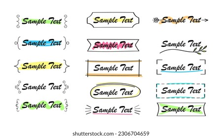 Conjunto de vectores de marco de título de texto en estilo de doodle. Etiqueta de color, etiqueta, decoración de llaves. Hable burbuja. Borde de esbozo, cuadro de texto de comillas simples con estilo dibujado a mano. 