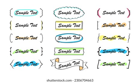 Text title frame vector set in doodle style. Color label, tag, braces decoration. Talk bubble. Sketch border,  simple quote text box in hand drawn style. 