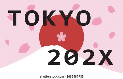 Text of Tokyo and 202X with a red sun and mountain in background