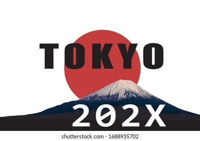 Text of Tokyo and 202X with a red sun and mountain in background