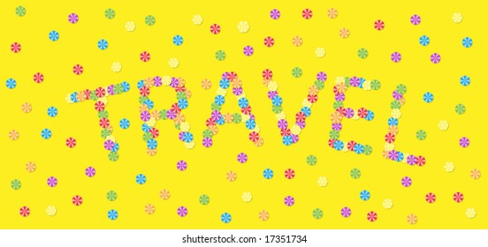 text TRAVEL written by umbrellas on sand