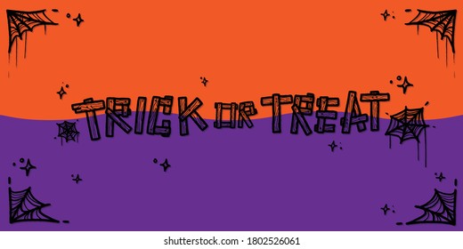 Text trick or treat for Halloween day poster advertising. Hand written lettering isolated on orange and purple background.Vector template for poster, social network, banner, cards.