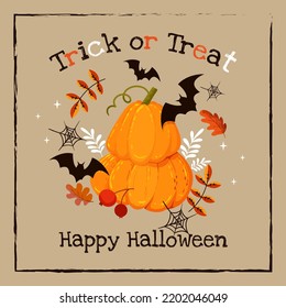 text Trick or Treat and Happy Halloween pumpkin bats cobwebs and autumn leaves