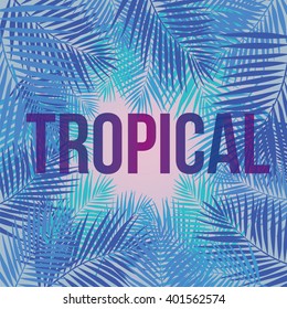 Text "Tropical" on a background of palm leaves. 