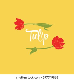 Text. Tulips on a yellow background.  Border frame Flowers