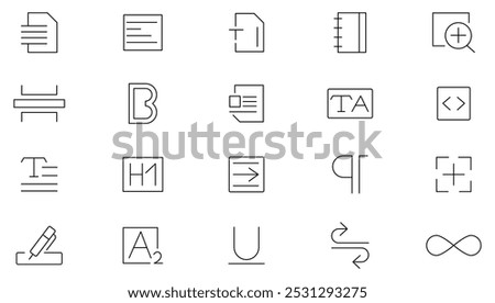 Text and Type line icon set. Read, words, copywriting, book, autor, superscript, bold, italics, JPG, MP3, PDF,  left, right, center line icon set. UI thin line icon pack.