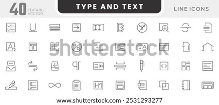 Text and Type line icon set. Read, words, copywriting, book, autor, superscript, bold, italics, JPG, MP3, PDF,  left, right, center line icon set. UI thin line icon pack.