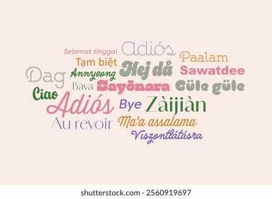 Text typography with word bye, sayonara in different languages.  Wallpaper background for hotels or school educational purpose