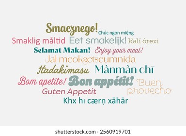 Text typography with word Enjoy your meal, bon appetit in different languages.  Wallpaper background for hotels or school educational purpose