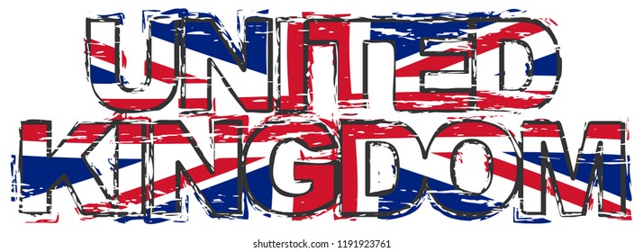 Text UNITED KINGDOM with British Union Jack flag under it, distressed grunge look.