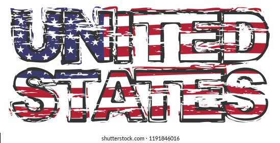 Text UNITED STATES with American flag under it, distressed grunge look.