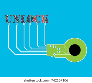 Text unlock and key shaped circuit on color background.Concept unlock technology,business.