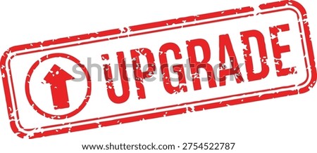 Text upgrade stamp, red ink texture, distressed rubber seal, arrow symbol, software update