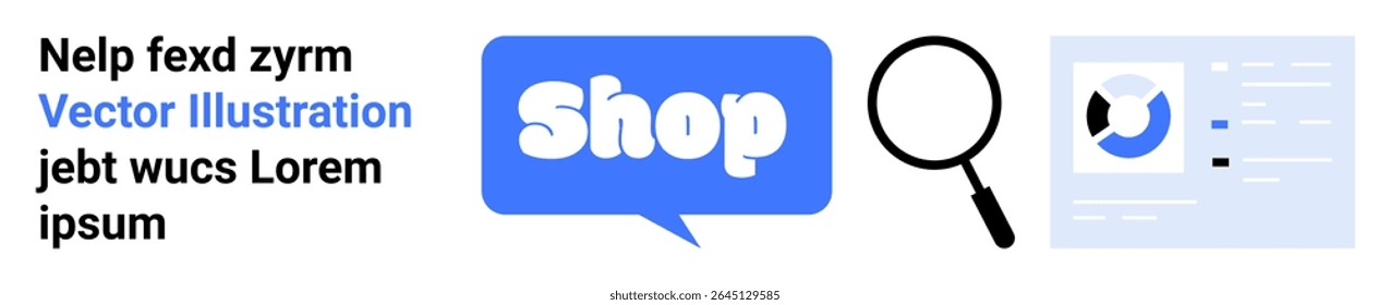 Texto en varias Fuentes, una burbuja de discurso azul con texto de la tienda, una lupa y una Imagen de gráfico. Ideal para comercio electrónico, análisis de datos, marketing, compras en línea, estrategia de negocios. Anuncio para