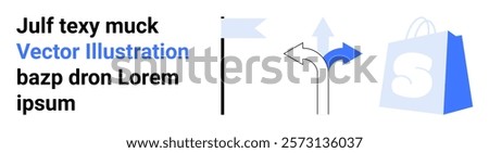 Text in various fonts and colors. Road sign with multiple directions. Bag with an S logo. Ideal for web design, online stores, UI icons, shopping guides, navigation themes. Landing page