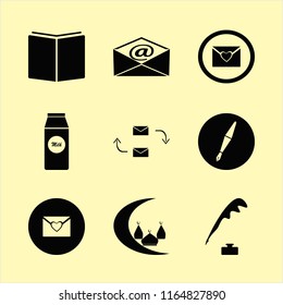 text vector icons set. with pen ink, pack milk, islamic mosque and heart envelope in set