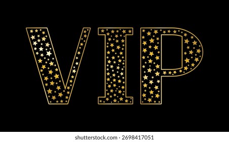 Eine Textvektorgrafik auf schwarzem Hintergrund mit dem Wort VIP in goldenen Sternen. Eine Statustafel für wichtige Personen