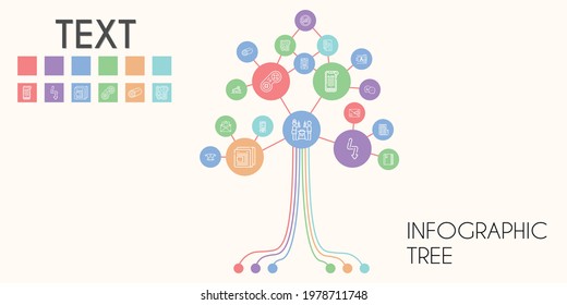text vector infographic tree. line icon style. text related icons such as news, newspaper, love, no chatting, book, text editor, friends, school, chat, gamepad, letter
