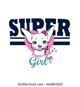 Text Vector print with dog for girl shirt isolated. Supergirl print.
