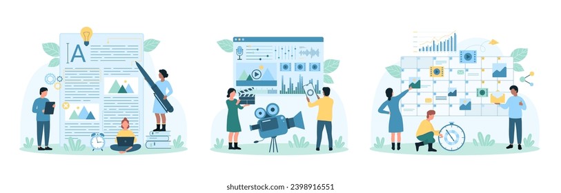Creación de contenido de texto y vídeo conjunto ilustración vectorial. Las personas diminutas de caricatura escriben el texto del artículo para el blog en papel, planifican la publicación en el calendario, editan la película en la aplicación móvil del editor en el teléfono