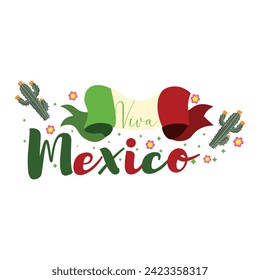 Text VIVA MEXICO with cacti and flag on white background