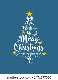 Text We Wish You A Merry Christmas and A Happy New Year Text Pine Tree Spruce Vector - Greeting Cards Clean Blue Background