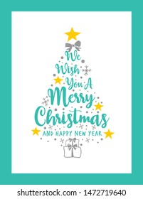 Text We Wish You A Merry Christmas and A Happy New Year Text Pine Tree Spruce Vector - Greeting Cards Clean Green Background
