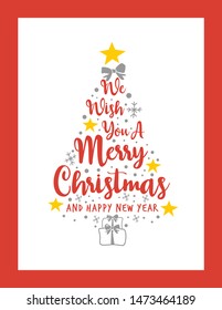 Text We Wish You A Merry Christmas and A Happy New Year Text Pine Tree Spruce Vector - Greeting Cards Clean White Background with Red Text