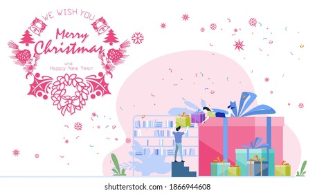  Text  We Wish You Merry Christmas and Happy New Year of  Man and woman family  holding  gift box. Suitable for the act of giving campaigns celebrate.