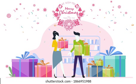  Text  We Wish You Merry Christmas and Happy New Year of  Man and woman family  holding  gift box. Suitable for the act of giving campaigns celebrate.