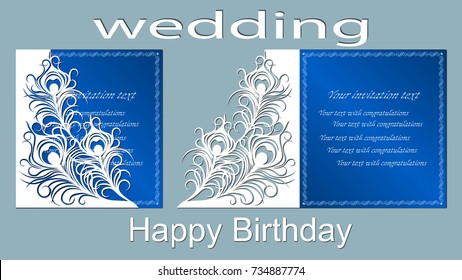 Text - Wedding, happy birthday. Wedding invitation. Greeting card with feathers. Envelope mock up for laser cutting. blue